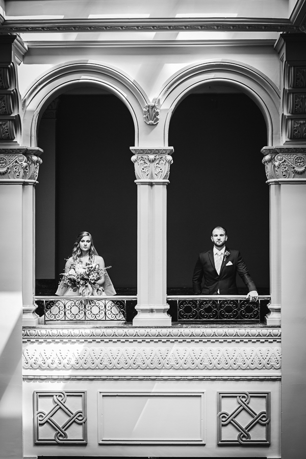 Black and white architectural wedding portrait