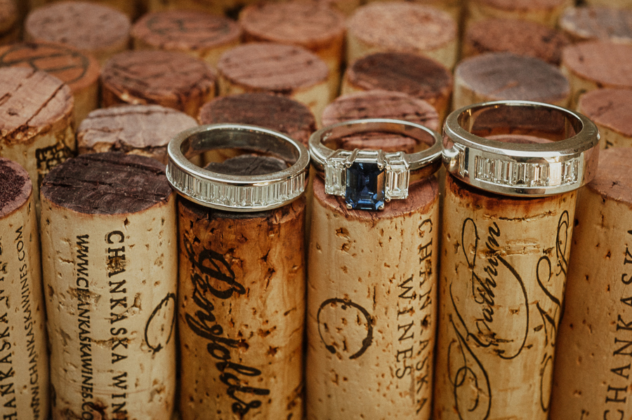 Vineyard wedding detail rings and wine corks
